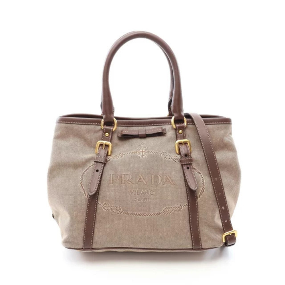 Prada Jacquard Canvas Tote Bag Leather Beige Brown Tan